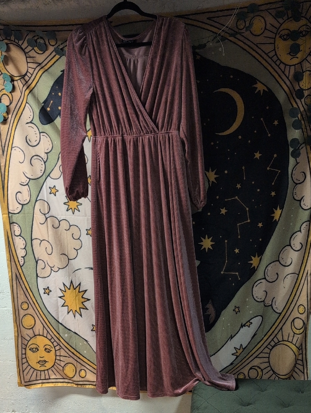 Long Velvet Wrap Maxi Dress in Dusty Rose